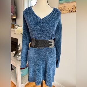 Express V-Neck Chenille Tunic Blue Sweater Dress
